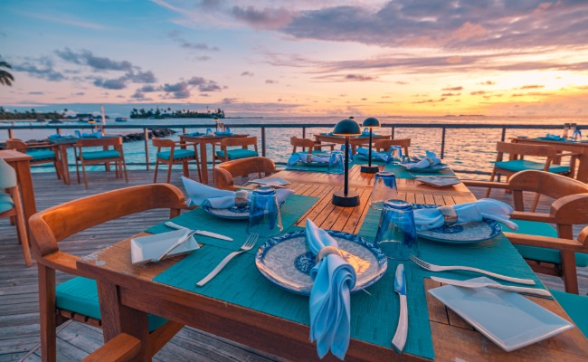 Waterfront restaurant at sunset